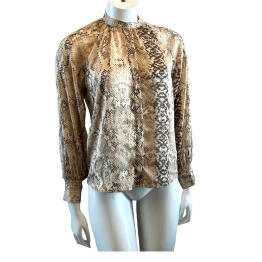 H&M Tan and Brown Long Sleeve Button Up Blouse with Mandarin Collar